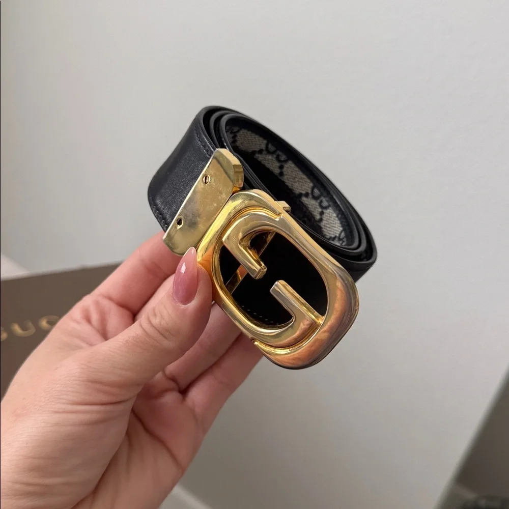 75 Gucci Beige/Black GG Canvas Leather Belt with Gold Double G Buckle reversible